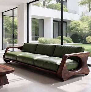 Canapé en bois massif au design simple et minimaliste avec revêtement en cuir vert de qualité supérieure pour collection de meubles de salon contemporains - Product Image 1