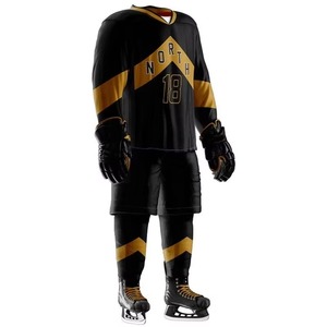 Conjunto de Uniforme de Hockey sobre Hielo Personalizado, Diseño Chevron Negro y Dorado, Jersey Sublimado, Pantalones Cortos, Calcetines, Guantes, Kit Completo, Venta al Por Mayor OEM - Product Image 2