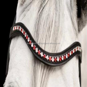 Articles de selle de haute qualité faits à la main en cuir véritable noir bande de sourcil de cheval canal vide incrusté pierres argentées et rouges alternées - Product Image 6