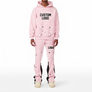 OEM Custom Puff Printing Raw Hem Edge Stacked Flared Cotton Hoodie and Sweatpants Set <b>Jogging</b> <b>Suit</b> 100% Cotton Tracksuit - Product Image 1