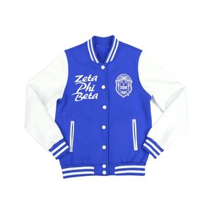 เสื้อแจ็คเก็ตวาร์ซิตี้ Zeta Phi Beta ผ้าขนสัตว์สำหรับฤดูหนาว สีน้ำเงินขาว ปักลายที่แขนด้านหน้า แห้งเร็ว สไตล์สตรีทแวร์ คอตั้ง ทรงปกติ - Product Image 1