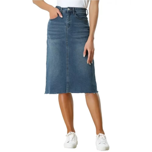 Women Fashion Denim Skirt Distressed Hem Front Pockets Durable Fabric Stylish Cut Everyday Outfit Perfect for Summer Wear - Product Image 1