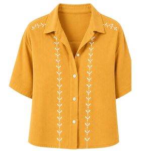 Camisa Corta Bordada Amarillo Mostaza para Mujer, Blusa Casual de Verano con Botones, Top de Moda con Logotipo Personalizado, Mezcla de Lino - Product Image 1