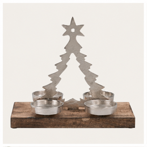 Eco-friendly Aluminium Christmas <b>Tree</b> Candle Holder With Rustic Wooden Base 4-Cup Silver Metal Tea <b>Light</b> Stand For Festive Table - Product Image 1