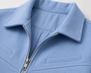 Light Blue Men's Fleece Varsity Jacket Stand Collar <b>Covered</b> <b>Button</b> Closure Breathable 100% Cotton Casual Regular Fit Winter Wear - Product Image 3