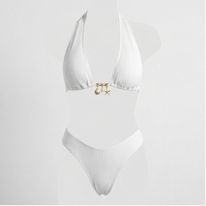 <b>White</b> Ribbed Halter <b>Bikini</b> <b>Set</b> With Gold Jewelry Decoration For Women - Product Image 1