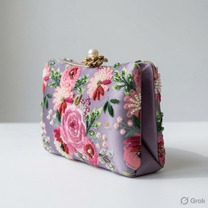 AZIZA FASHION DREAM กระเป๋าคลัทช์ปักลายดอกไม้ทำมือ สีม่วง สำหรับงานเลี้ยงตอนเย็น ลายดอกกุหลาบ ปิดแบบฝาปิด สะพายข้างได้ ความจุ 1 ลิตร - Product Image 2