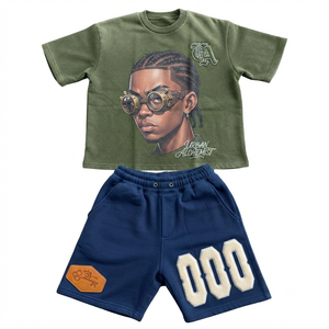Conjunto de Camiseta Gráfica y Pantalones Cortos de Forro Polar para Hombre Rexfit, Estilo Urbano Holgado, Traje de Verano de 2 Piezas, Chándal Informal de Algodón - Product Image 4