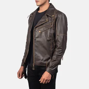 Sisa Apparels Vincent Brown Leather <b>Biker</b> <b>Jacket</b> for Men with Ruboff Vintage Finish Silk Screen Printed - Product Image 1
