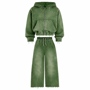 Women's Tracksuit Set Full Vintage Loose Fit Zipper With Rhinestone Detailing & Custom Screen Print logo Distrees Premium Look - Product Image 4