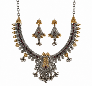 Ensemble de zircons bicolores en laiton de qualité supérieure, oxydé argent et or |   Ensemble collier et boucles d'oreilles tendance pour femmes plaqué platine, style tribal |   Vente en gros - Product Image 4