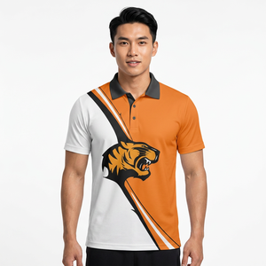Men's Short Sleeve <b>Polo</b> Shirt With Tiger Print <b>Orange</b> White Color Block Breathable Knitted Polyester Casual Fit - Product Image 5