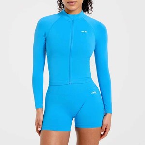 Women's Blue Full Sleeve Zipper Sports <b>Set</b> Stand Collar Crop Top Biker Shorts Quick Dry Knitted Sporty Fit Spring Summer - Product Image 4