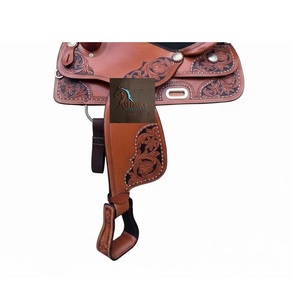 Western Brown <b>Leather</b> Floral Hand <b>Tooled</b> Barrel Racing Horse Saddle Metal Conchos Studded Black Suede Seat 10" to 18" Inch - Product Image 3