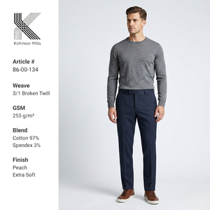 Pantalones de sarga azul marino para hombre, de algodón y elastano, 255 GSM, extrasuaves, corte ajustado, informales, proveedor OEM - Product Image 2