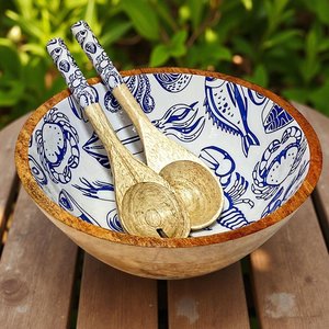 Juego de tazones para servir de madera de mango hechos a mano con cucharas a juego y estampado de esmalte curado - Océano - Product Image 2