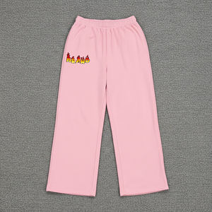 Pantalon de survêtement décontracté rose pour homme à taille élastique, avec logo flamme sur la jambe gauche, en coton respirant de poids moyen, idéal pour le printemps – Prix abordable - Product Image 1