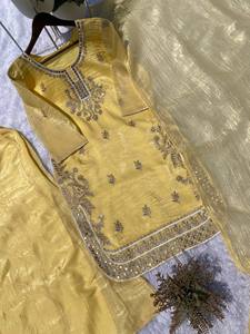 Conjunto de Traje Palazzo Premium Dorado Crujiente con Bordado de Espejo Real, Tradicional, de Secado Rápido, Largo hasta el Tobillo, con Dupatta a Juego para Mujer - Product Image 4
