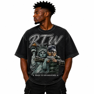 Camiseta negra de manga corta para hombre RTW con estampado de la Estatua de la Libertad y estampado de hombre, estilo urbano, cuello redondo, corte regular - Product Image 6
