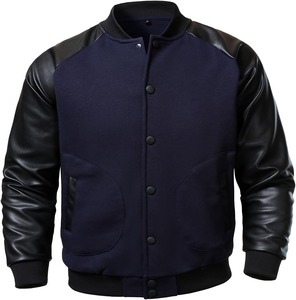 Chaqueta Varsity Azul Marino para Hombre con Mangas de Cuero PU Negro, Cuello Alto, Cierre de Botones, Estilo Casual, para Otoño, Corte Regular - Product Image 2