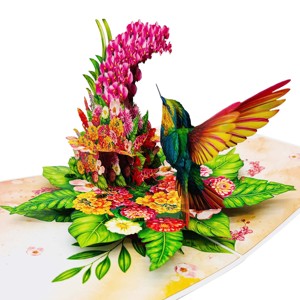 Carte de vœux 3D pop-up avec colibris colorés et motifs floraux, art papier artisanal - Product Image 1