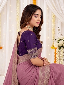 AARA Fashion Saree en soie violette avec broderie dorée, protection solaire, tenue de mariage indienne traditionnelle pour femme, longueur au sol, coupe classique - Product Image 4