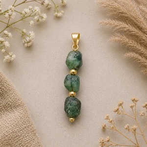 Natural <b>Emerald</b> Three Stone <b>Pendant</b> | Raw Green Crystal Charm | Gold Accent Boho Necklace Jewelry - Product Image 3