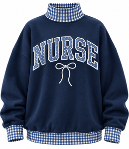 Wholesale Women’s Oversized <b>Mock</b> Neck Sweatshirt Custom Gingham Letters Ribbing Cotton Winter Casual Pullover - Product Image 6