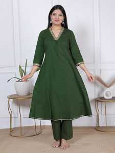 Ensemble coordonné élégant vert pour femme, robe décontractée à col en V ornée de dentelle, coupe trapèze, 100 % coton, kurta et pantalon droit pour le quotidien, style ethnique - Product Image 2