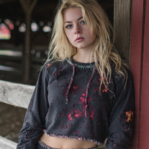 Sweat-shirts courts à épaules tombantes et effet usé pour femme, col rond, manches longues, broderie, style streetwear, en molleton polyester/coton - Product Image 6