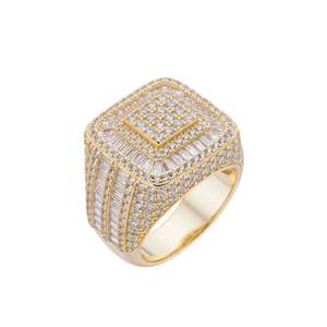 Luxury Men's Yellow <b>Gold</b> <b>Cocktail</b> <b>Ring</b> With Diamond Baguette Cut Pave Setting Geometric Design Everyday Wear - Product Image 1