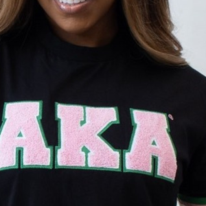 Custom <b>Black</b> <b>Women's</b> Embroidered Tee <b>Shirt</b> with AKA Lettering Short Sleeve Crew Neck Tee Pink Green Trim Casual Fashion - Product Image 2