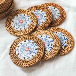 Catering Accessories Rattan Ceramic <b>Coasters</b> Natural Dinning <b>coaster</b> <b>Set</b> and Holder Box with Custom Printed logo - Product Image 5