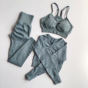 Gray 3 Piece Yoga Set High Waist Leggings Racerback Sports Bra Seamless Full Length <b>Crop</b> <b>Top</b> Activewear - Product Image 1