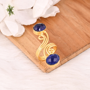 Ink Blue Brass Two Gemstone Fashion <b>Ring</b> for Women Gold Plated Stylish Oval Shape Accessory - Product Image 4