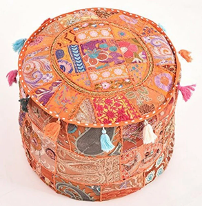 Bohemian Fabric <b>Pouf</b> Handcrafted Multi-Functional Storage Ottoman With Tassels Orange Patchwork Design Living Room Decor - Product Image 1