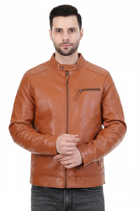Chaqueta Clásica de Cuero Sintético Color Bronceado para Hombre con Cuello Mao - Product Image 1