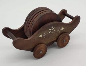 Wooden Coaster Set With Carriage Design Engraved Floral Pattern Portable Traditional Chinese Style Art decor <b>table</b> coasters Home - Product Image 4