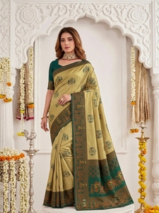 Sari en soie vert beige AARA Fashion avec motif éléphant, protection solaire, pour mariage, tenue traditionnelle, longueur ras du sol pour femme - Product Image 3