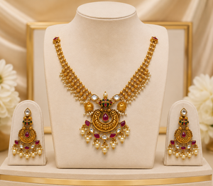 Conjunto de Collar y Aretes con Cuentas Doradas, Joyería Étnica para Bodas y Fiestas para Mujeres - Product Image 1