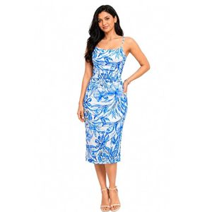 Robe midi élégante pour femme, imprimé floral tropical bleu, col halter, bretelles spaghetti, coupe moulante, fente au dos, pour les célébrations - Product Image 1