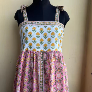 Indian 100% Cotton Floral Flock Print <b>Adjustable</b> Straps <b>Square</b> Collar Floor-Length Dress Pink Yellow - Product Image 1