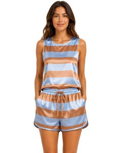 Ensemble de pyjama en satin pour femme, rayures bleu clair et camel, haut sans manches avec short à taille élastique, tenue de détente estivale - Product Image 1