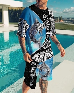Conjunto de Camiseta y Pantalones Cortos Deportivos de Punto Transpirable para Hombre con Logotipo Personalizado, Estampado de León en 3D, 100% Poliéster, Directo de Fábrica, Estilo Casual Elegante - Product Image 3