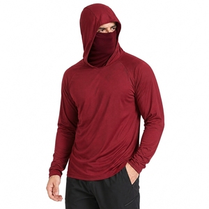 Men's UPF 50 Quick Dry Hooded <b>Long</b> <b>Sleeve</b> Performance Shirt Solid Color <b>Red</b> Polyester Fishing Wear - Product Image 5