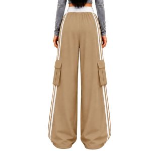 Customized <b>Womens</b> <b>Khaki</b> Wide Leg Cargo Track <b>Pants</b> High Waist Drawstring Side Stripe Relaxed Fit Utility Streetwear Custom OEM - Product Image 2