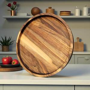 Bandeja de Servir Redonda de Madera de Nogal Hecha a Mano, Plato de Madera Natural, Decoración de Mesa Minimalista, Utensilios de Cocina, Regalo Único - Product Image 1