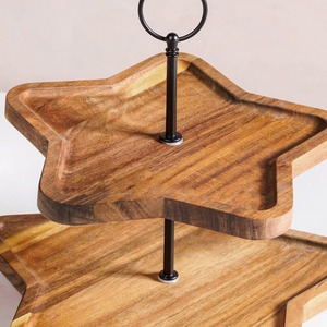 Charming Two Tier Wooden <b>Cake</b> <b>Stand</b> Featuring Star Shaped Trays & A Black Metal Stem With A Ring Handle For Serving & Decoration - Product Image 3