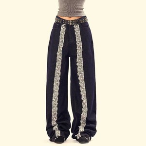 Pantalones Vaqueros Anchos de Cintura Alta con Rayas de Encaje para Mujer, Diseño Personalizado, Estilo Casual - Product Image 2