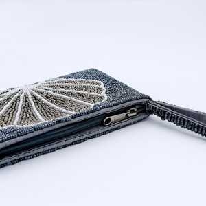 Handmade Beaded Shell Clutch Purse Rectangular Shape Cotton Embroidery Craft White Gray Design - Product Image 4